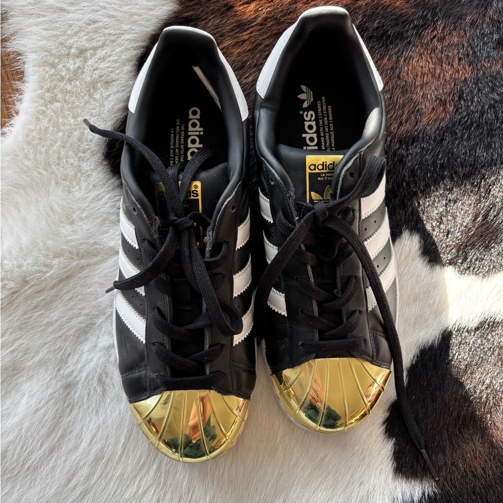 Adidas Black and Gold Shell Toe Shoes